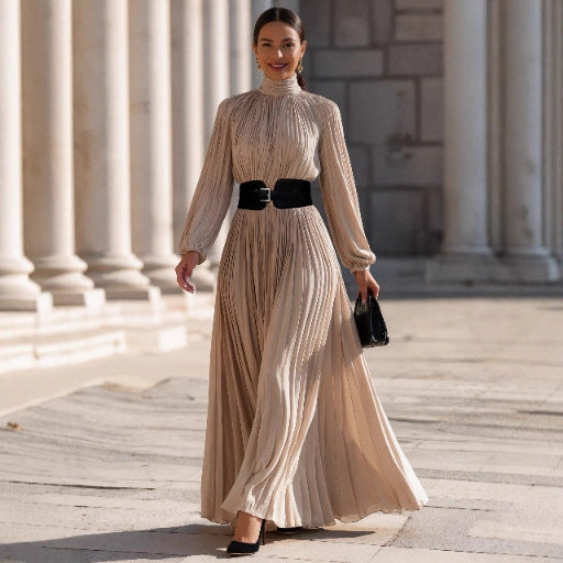 French Elegant Style High Neck High Waist Dress