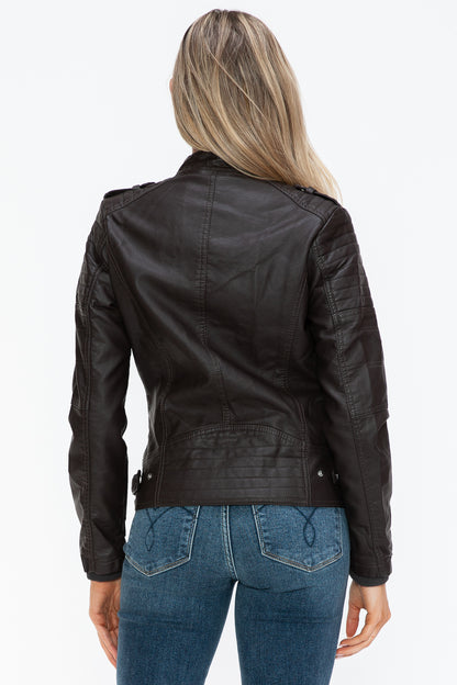 Snobbish PU Leather Biker Jacket with Side Zip Pockets