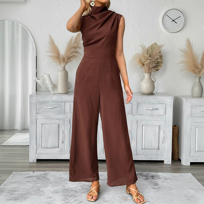 Casual Sleeveless Solid-color Boat-neck Wide-leg Jumpsuit