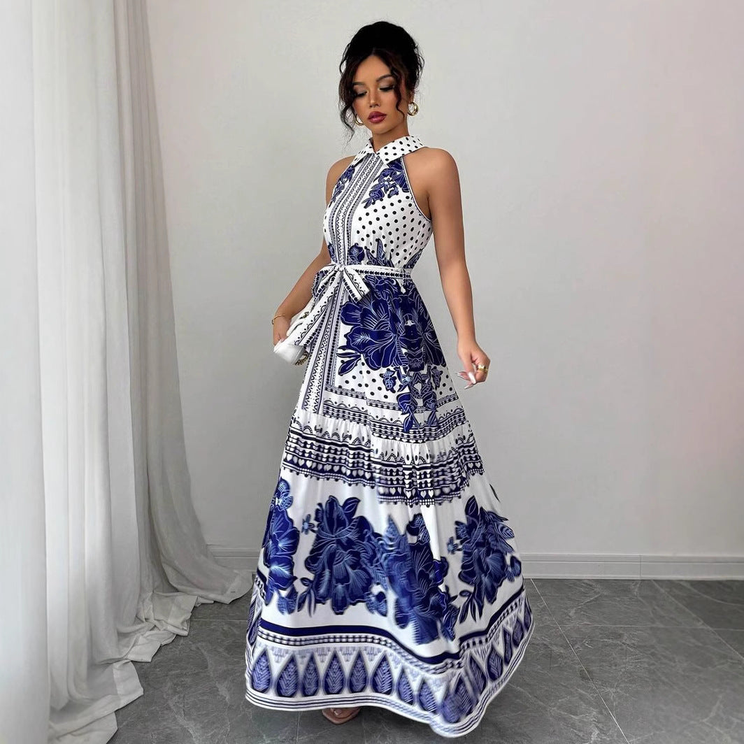 Off-the-shoulder A-line Dress Featuring A Classic Blue-and-white Porcelain Print For An Elegant Look