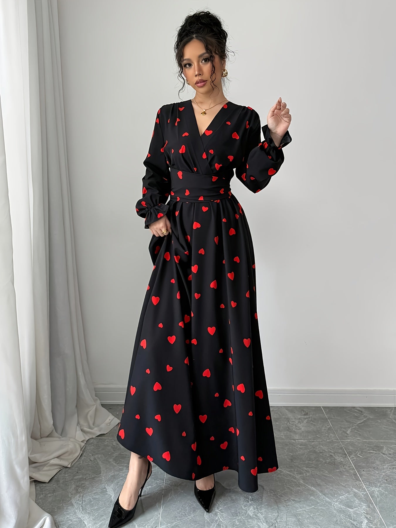 Women's Printed V-Neck Long Sleeve Waist Tie Dress
