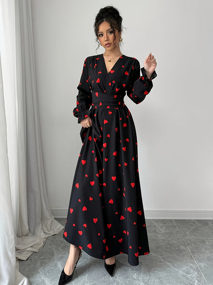 Women's Printed V-Neck Long Sleeve Waist Tie Dress