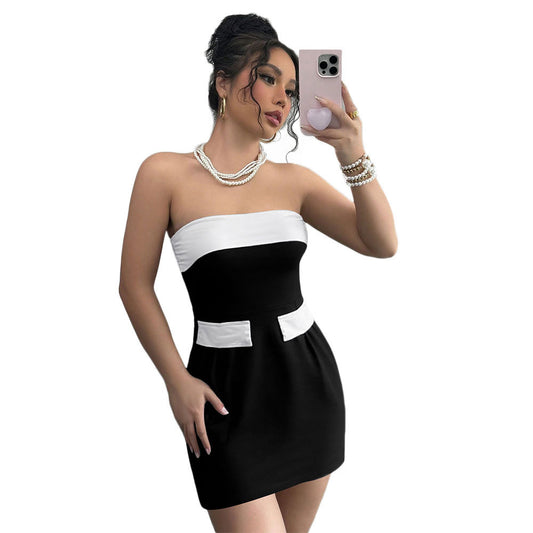 Socialite Style Dress Summer One-shoulder Bustier Color-blocked Mini Skirt