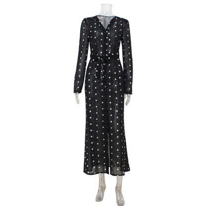 Elegant Mid-Length V-Neck Polka-Dot Waist-Cinched Dress