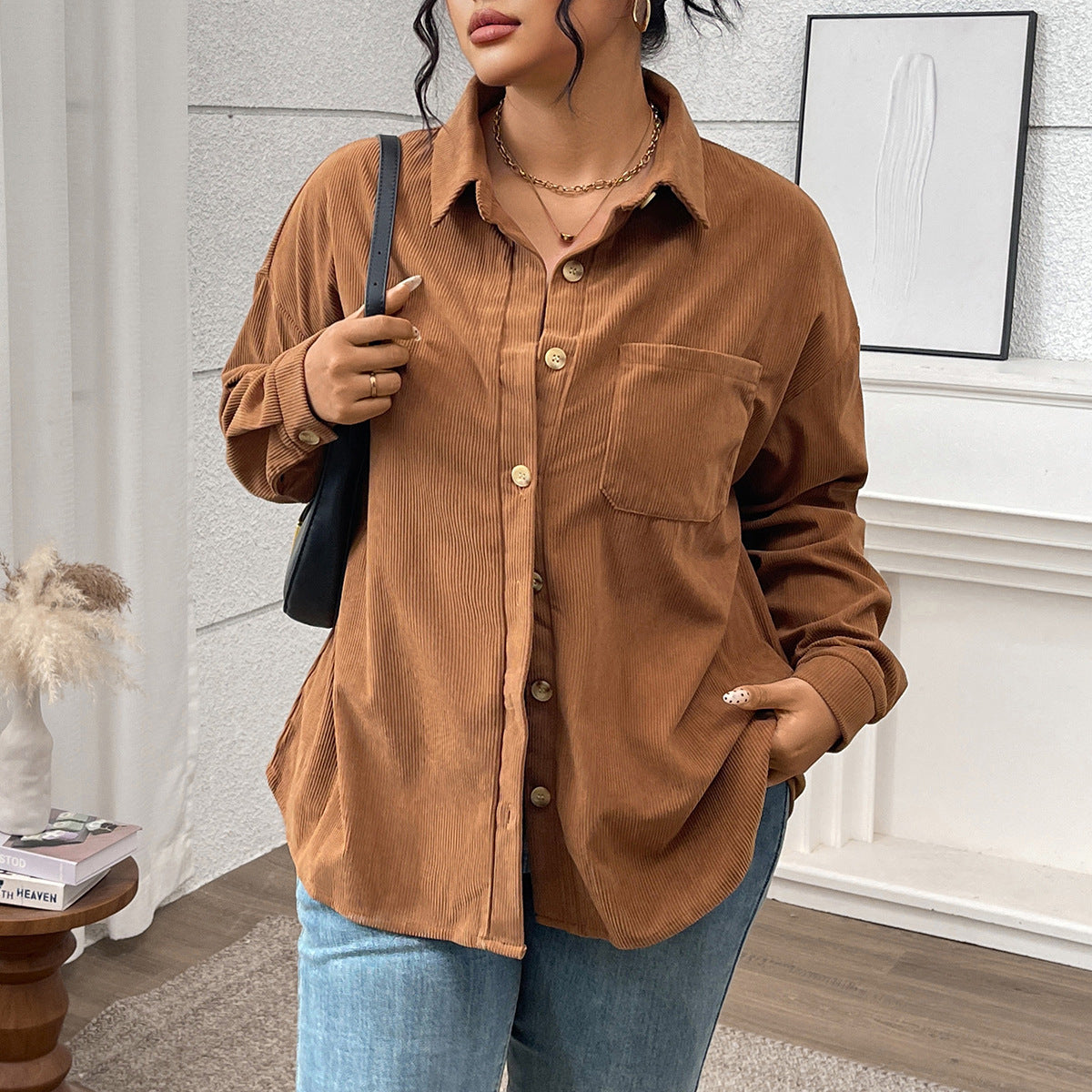 Women's Shirt Solid Color Lapel Corduroy Casual