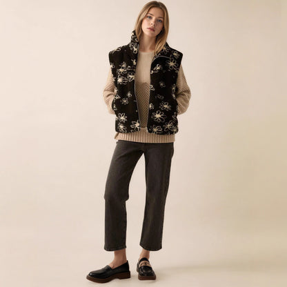 Fashion Polo Collar Flower Print Lamb Wool Vest