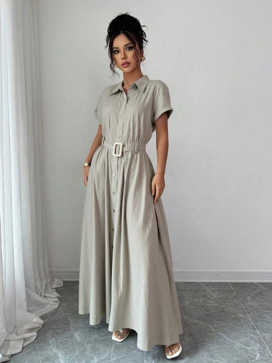 Short-Sleeve Shirt Waist-Cinched Maxi Dress