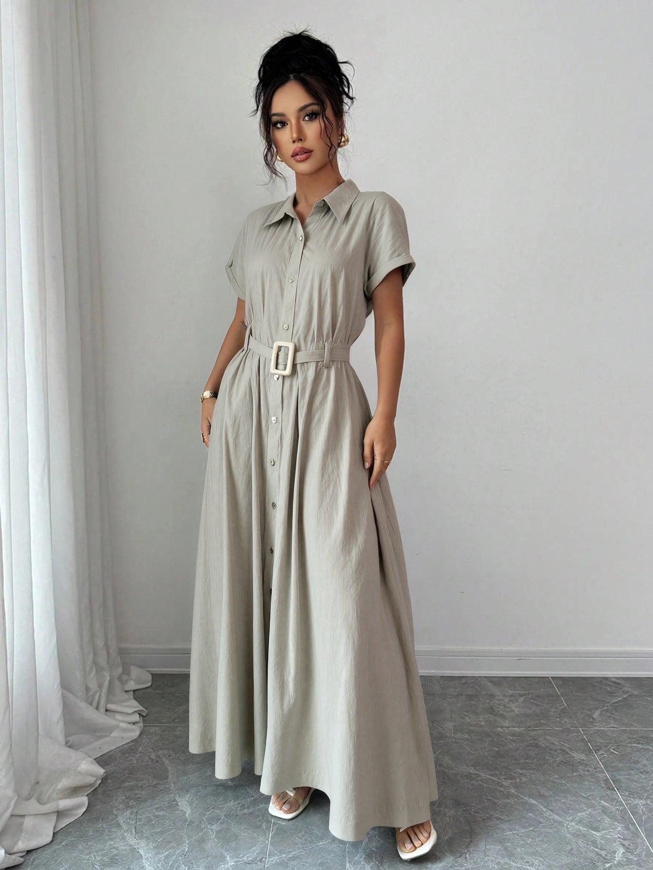 Short-Sleeve Shirt Waist-Cinched Maxi Dress