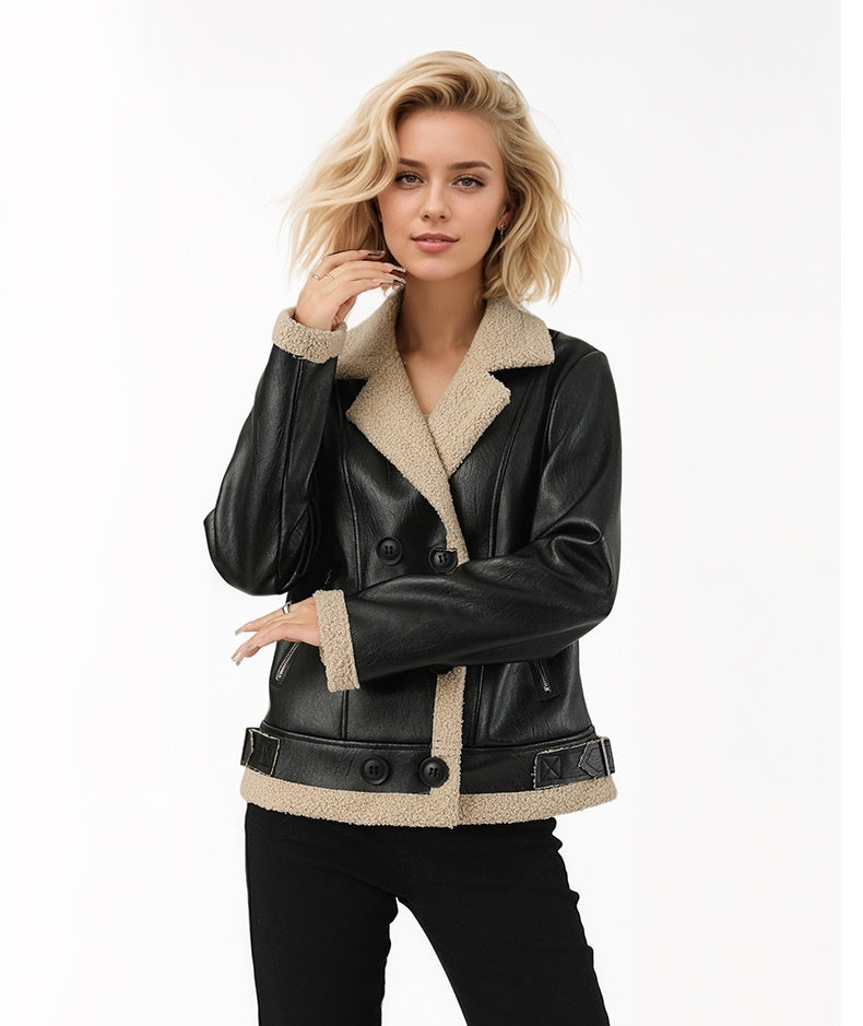 Fleece Padded Women's Leather Coat