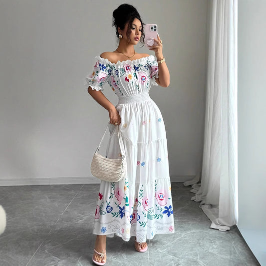 One-shoulder Puff Sleeve Floral Print Waist-tapered Trumpet Skirt