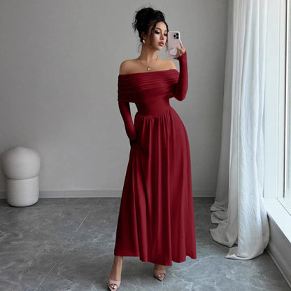Women's Solid-Color French-Style Off-the-Shoulder Knitted Dress