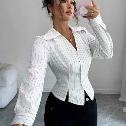 Autumn New Temperament Stripe Long Sleeve Shirt Women's Clothing