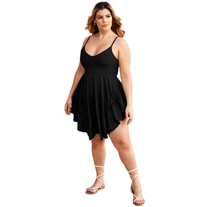 Casual V-neck Waist-cinching Knitted Slip Dress In Plus Sizes
