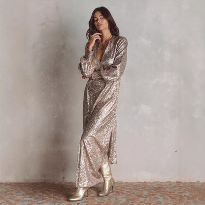 Loose-fitting Long-sleeve Sequin Dress With A Slit