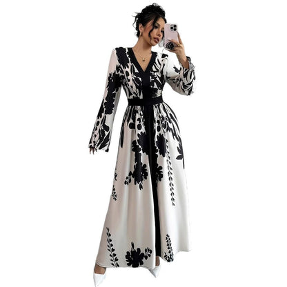 Temperament Print V-neck Slim Long Dress With Waist Belt Long Sleeves