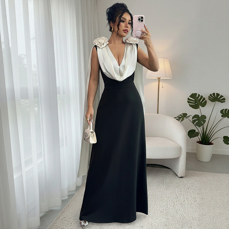 A High-end And Elegant V-neck Sleeveless Dress With Contrasting Colors