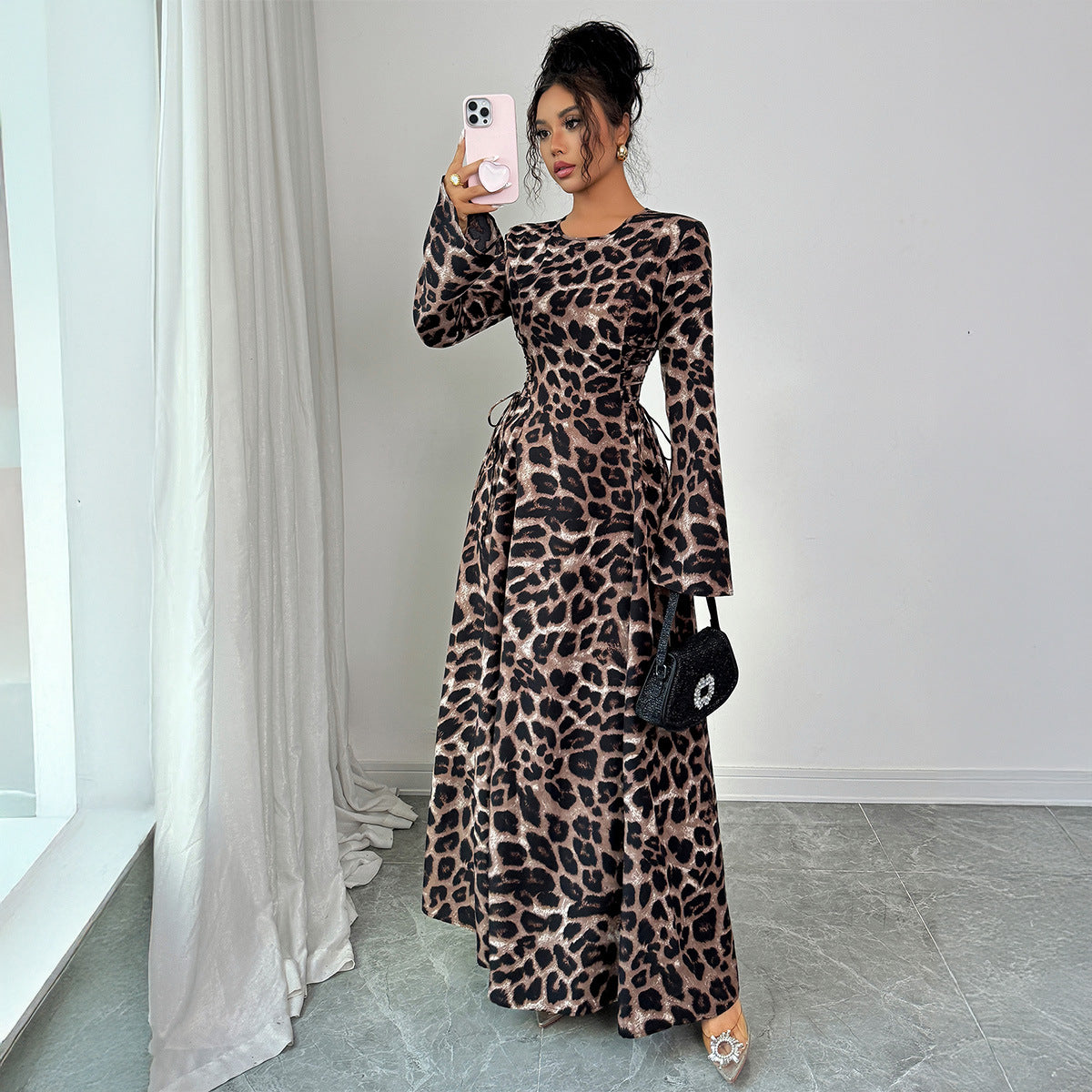 French Leopard Print Long Sleeve Dress Women