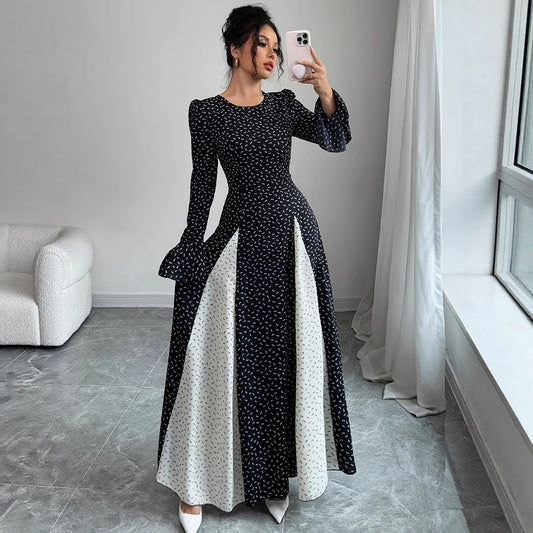 Black And White Patchwork Print Slim-waist Flared Sleeve Long Dress