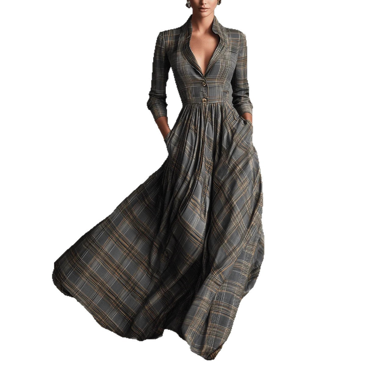Retro V-neck Gray Plaid Linen Flared Maxi Skirt