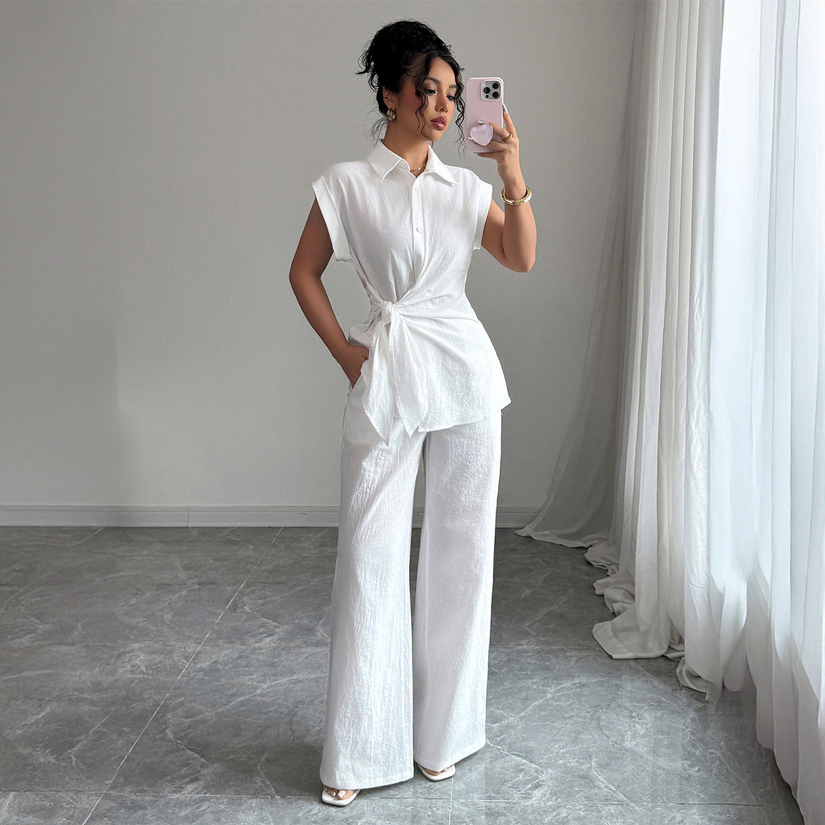 Womens Solid-Color Elegant High-End Short-Sleeve Vest And Pants Set