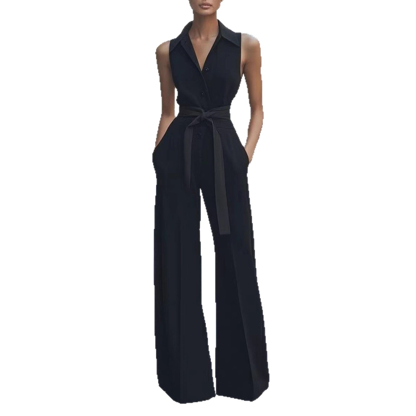 Fashionable Solid-color Wide-leg Jumpsuit With A Shirt Collar