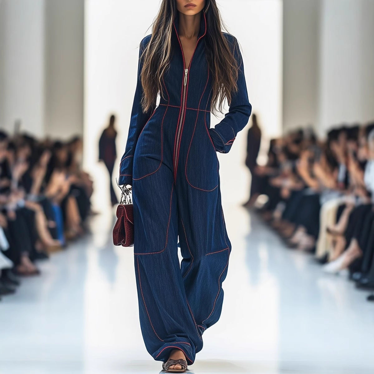 Slim V-neck Casual Plus Size Women's Large Pocket Jumpsuit