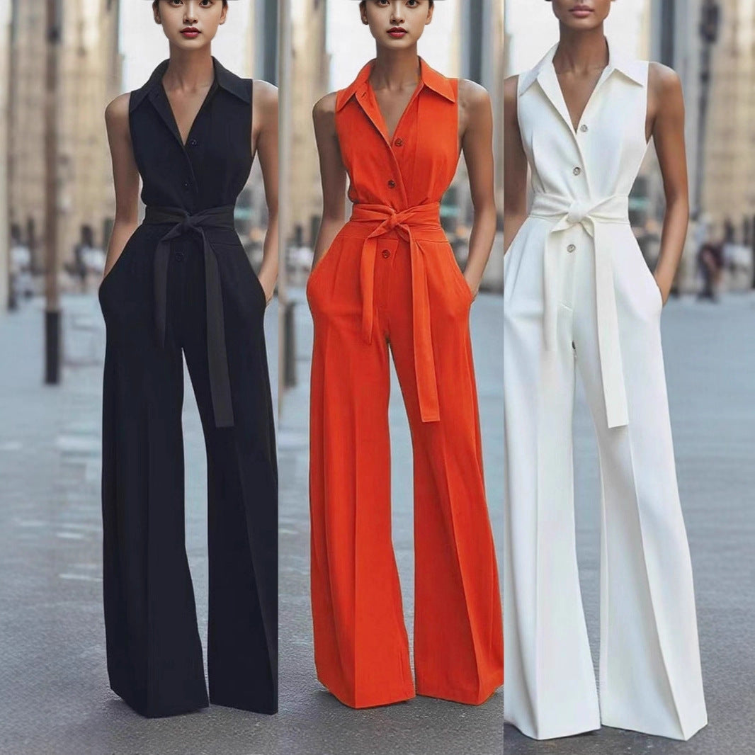 Fashionable Solid-color Wide-leg Jumpsuit With A Shirt Collar