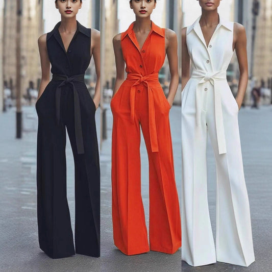 Fashionable Solid-color Wide-leg Jumpsuit With A Shirt Collar