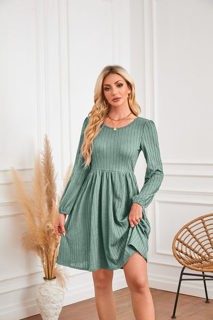 Round Neck Pocket Knitted Sweater Long Sleeve A- Line Dress