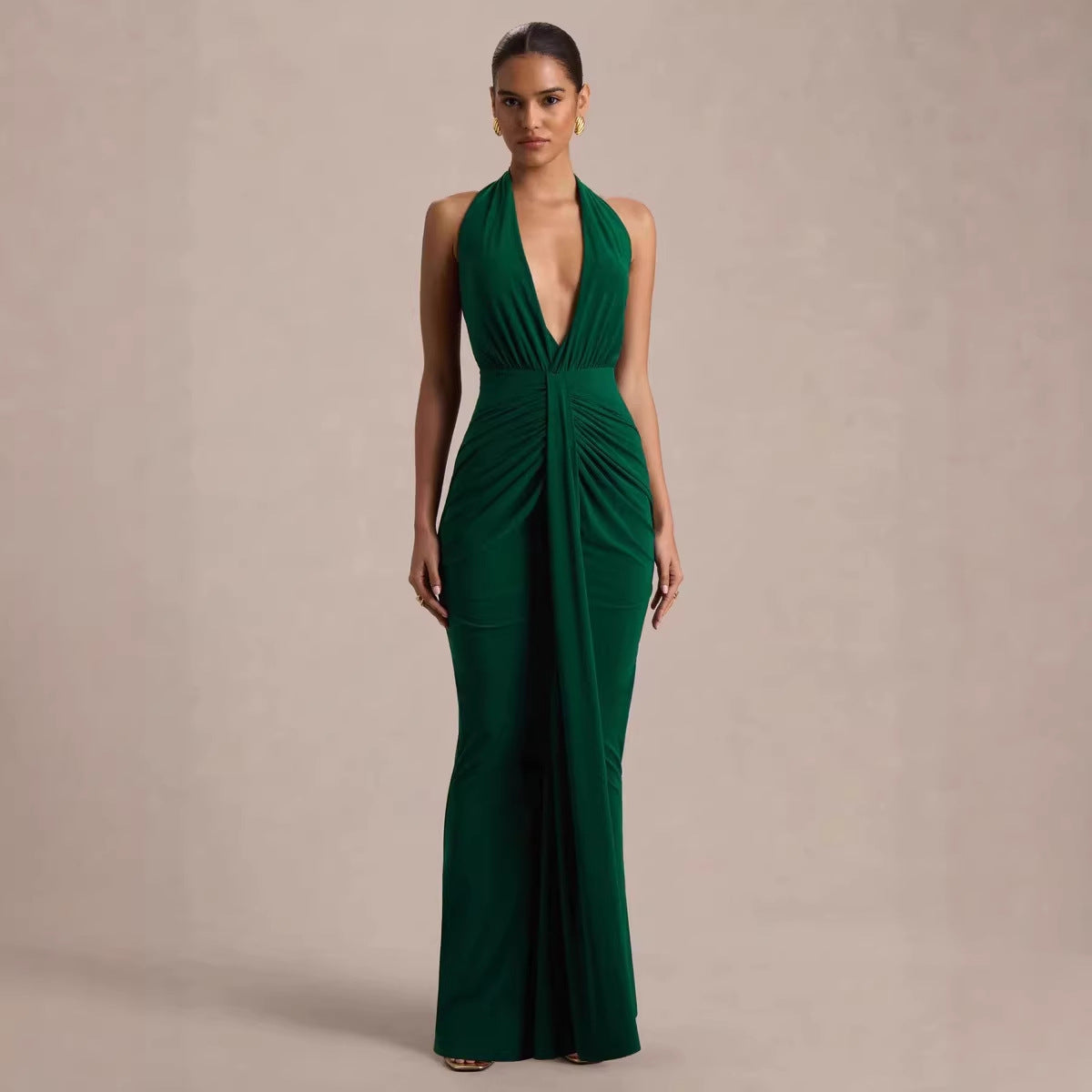 Chic V Neck Halter Dress With A Tie Figure Flattering Design And Stylish Pleats