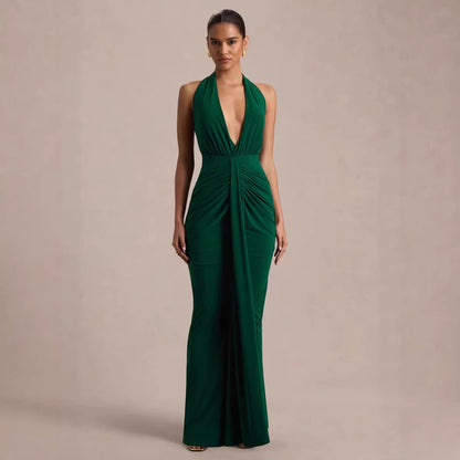 Chic V Neck Halter Dress With A Tie Figure Flattering Design And Stylish Pleats