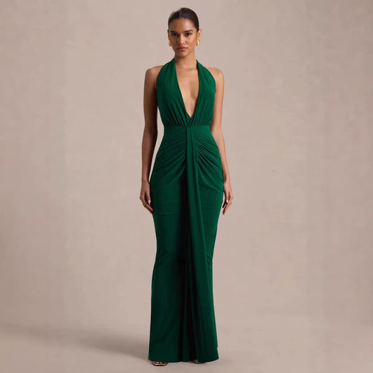 Chic V Neck Halter Dress With A Tie Figure Flattering Design And Stylish Pleats