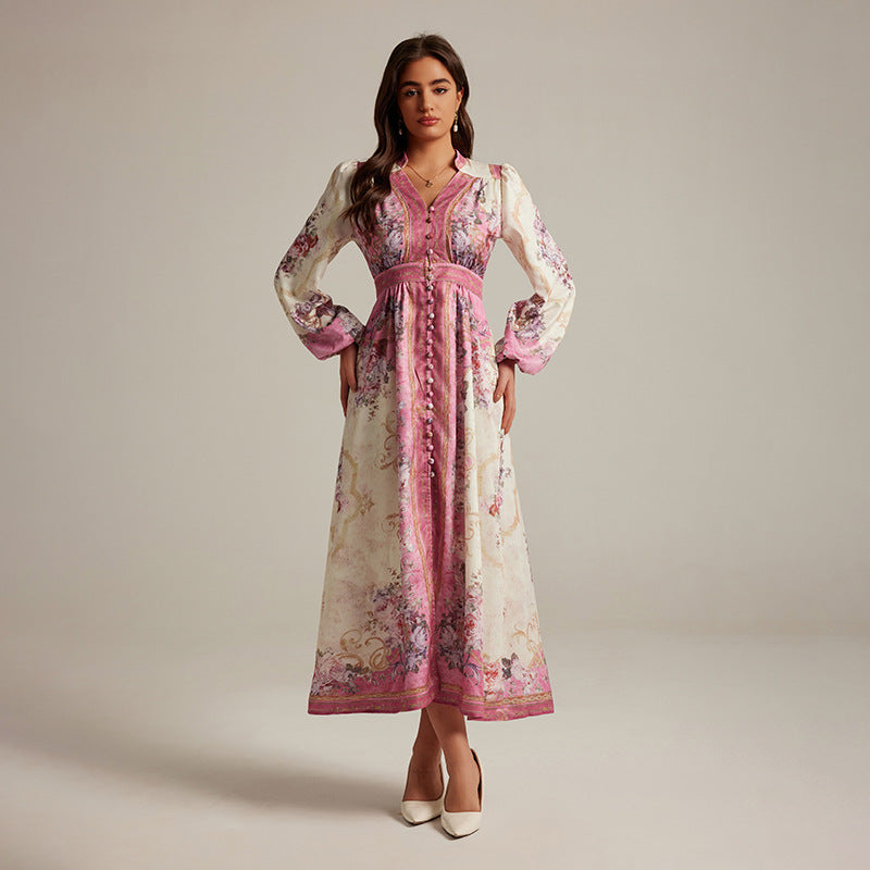 Special Interest Design Style V-neck Vintage Printed Maxi Dress For Women