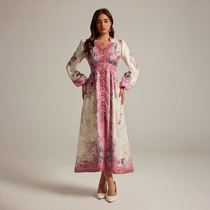 Special Interest Design Style V-neck Vintage Printed Maxi Dress For Women