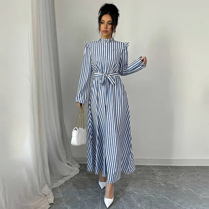 Women's Floral Print Long Sleeve Maxi Dress - Stand Collar A-Line Dress With Waist Detail, Lantern Sleeves & Ruffle Hem For Spring&Fall