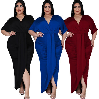 Women's Fashion Plus-Size Irregular Long-Sleeve V-Neck Dress