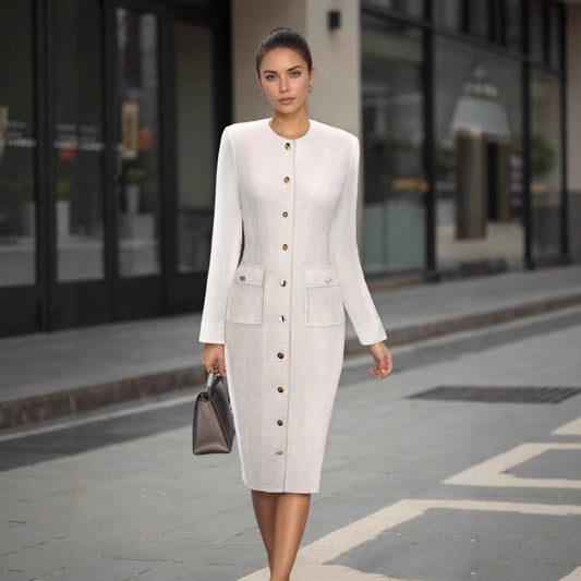 Elegant Off-white Tweed Long-sleeve Dress From Europe And The US