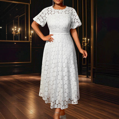 Plus Size Round Neck Lace Puff Sleeve Dress