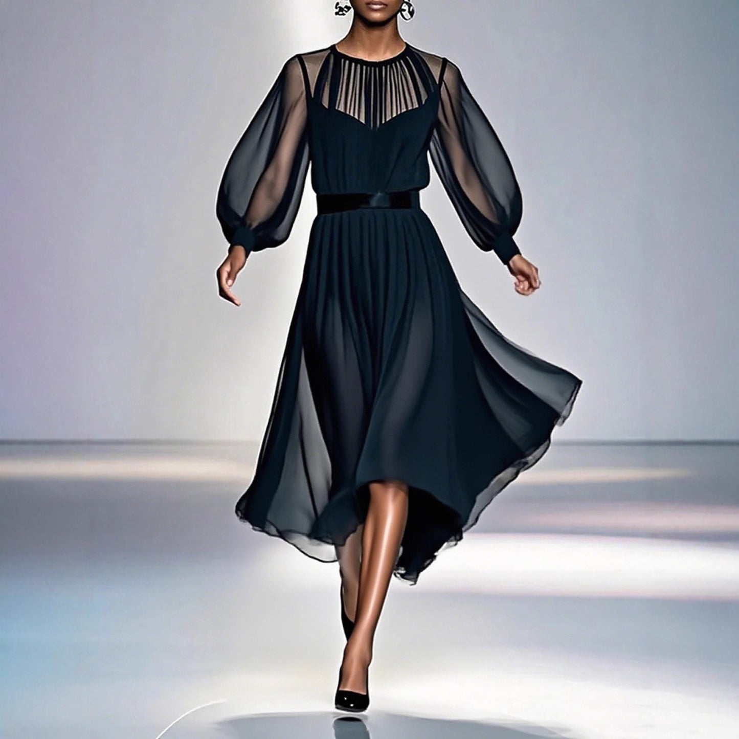 Sophisticated Black Two-piece Mesh Dress With A Cinched Waist