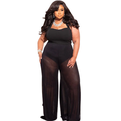 Women's Plus-Size Wide-Leg Jumpsuit Sexy Sheer Pants