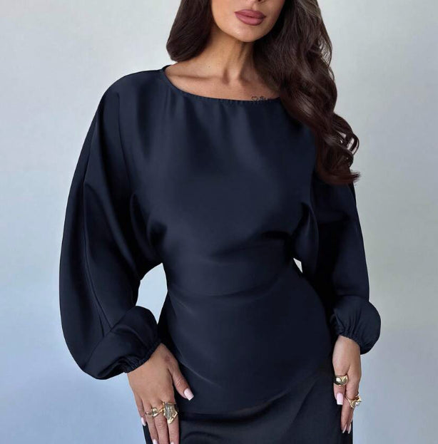 Casual Round Neck Lace-up Waist Shirt For Women