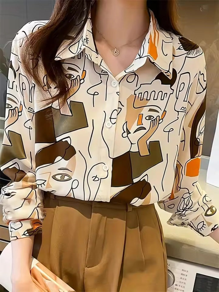 Womens Fashion Striped 3D-Printed Long-Sleeve Shirt