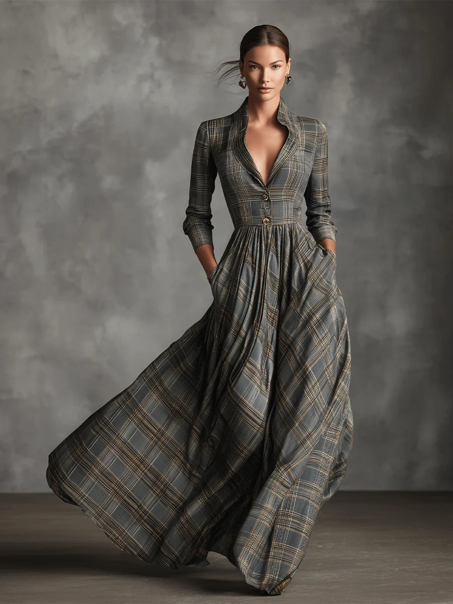 Retro V-neck Gray Plaid Linen Flared Maxi Skirt