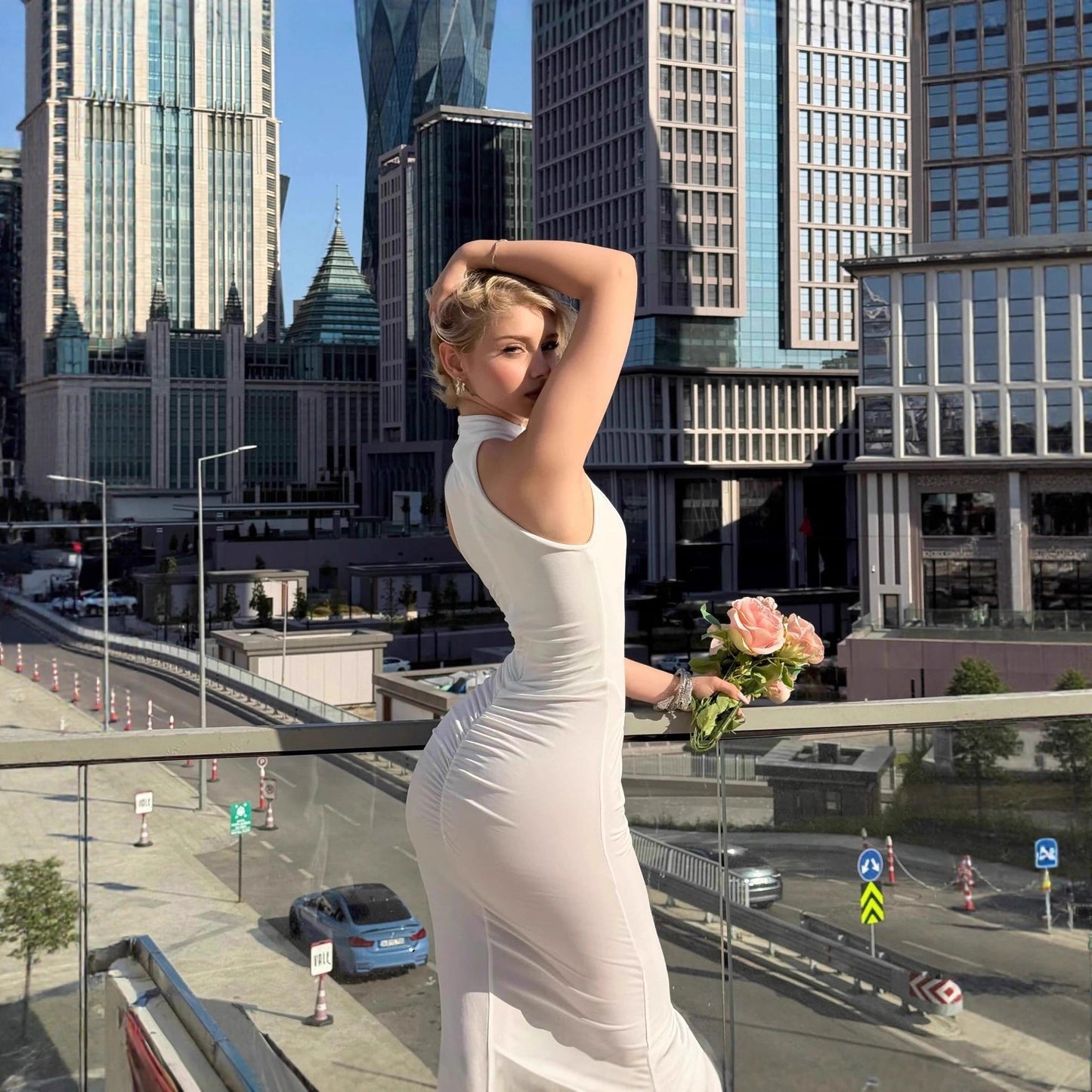 Rare Sleeveless Bandeau Figure-hugging Pleated Sli Elegant Sheath Dress