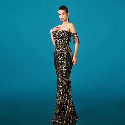 Off-neck Tassel Sequined Fishtail Evening Dress For Banquet