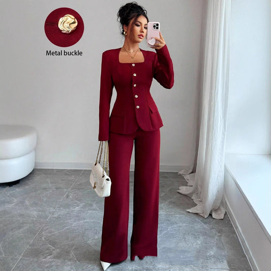 Defined-Waistline Long-Sleeve Top And Wide-Leg Pants Two-Piece Pants Set