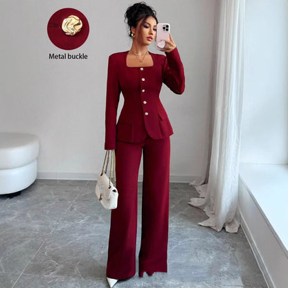 Defined-Waistline Long-Sleeve Top And Wide-Leg Pants Two-Piece Pants Set