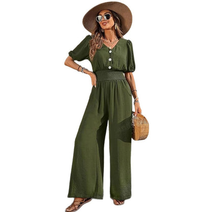 Womens Solid-Color Short-Sleeve Lapel Waist-Cinched Jumpsuit