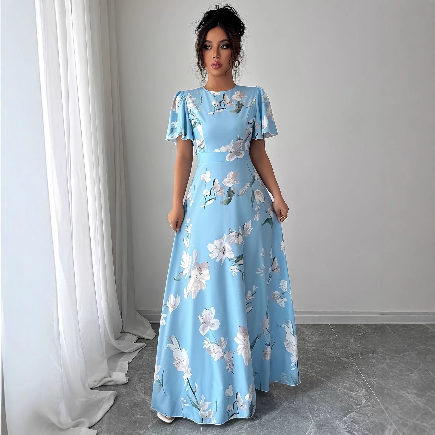 Floral Crew-neck Short-sleeve Waist-cinching Dress