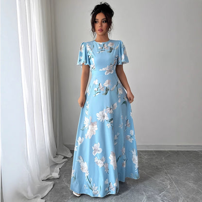 Floral Crew-neck Short-sleeve Waist-cinching Dress